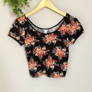 F21 Black Floral Cropped Top